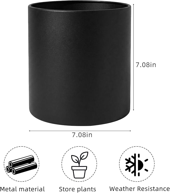 Black Metal Plant Pot with Drainage Hole,7 Inch Mid Century Modern Small Pot Indoor Outdoor Planters for Succulents, Flowers & Home Decor Gift Window Living Room Bedroom