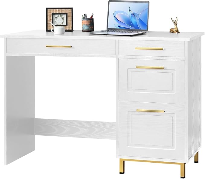 4 EVER WINNER White Desk with Drawers and Golden Handles, 43" Home Office Desks with Drawers, Computer Wrighting Table with Storage for Bedroom, White and Gold Desk