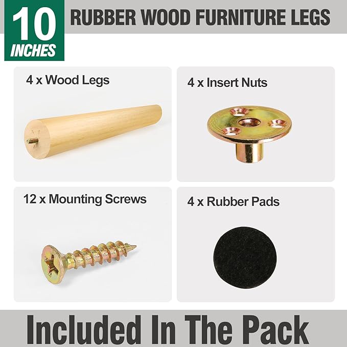 FoDau770 Rubber Wood Furniture Legs 10 Inches, Slant Tapered Wood Feet Mid Century Sofa Legs Set of 4, 5/16" UNC Furniture Feet Replacement Parts for Cabinet Couch Dresser Chair Ottoman Table