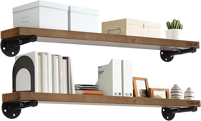 TEN49 Real Wood Rustic Floating Shelves Wall - 36 Wide Small Wooden Industrial Pipe Shelving - Farmhouse Pipe Wall Shelves Furniture Bathroom Decor Art Shelf Kitchen - Dark Espresso Color - Set of 2