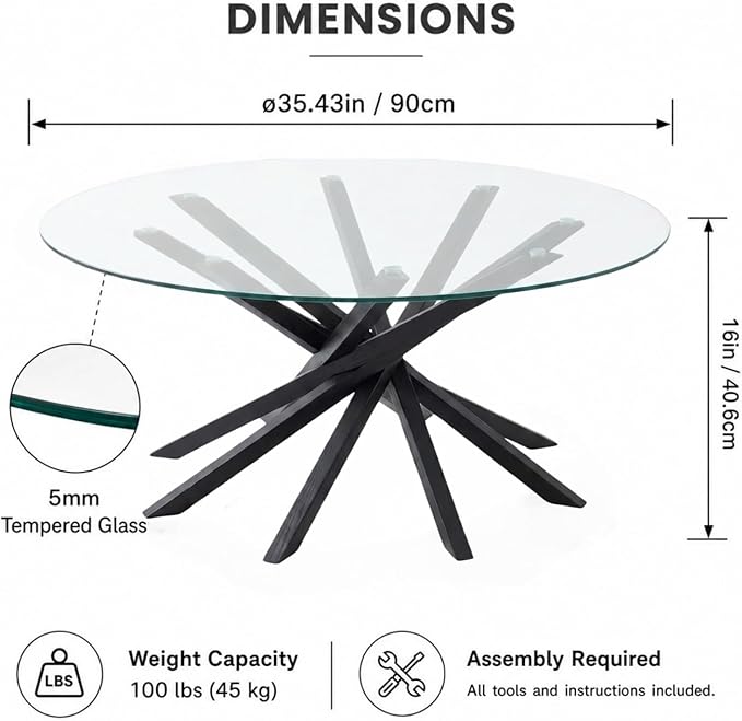 Round Glass Coffee Table-Mid Century Modern Coffee Table with Clear Glass Top&Solid Wood Mortise Interlocking Starburst Legs Design for Living Room,Office,Hotel Lobby,Commercial Environments