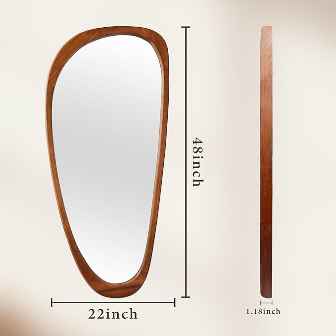 22‘’x48'' Asymmetrical Rustic Wall Mirror for Bathroom Wood Frame, Irregular Classic Mirror Farmhouse Vanity Wall Mirror, Mid Century Modern Mirror Decor Living Room, Bedroom, Entryway