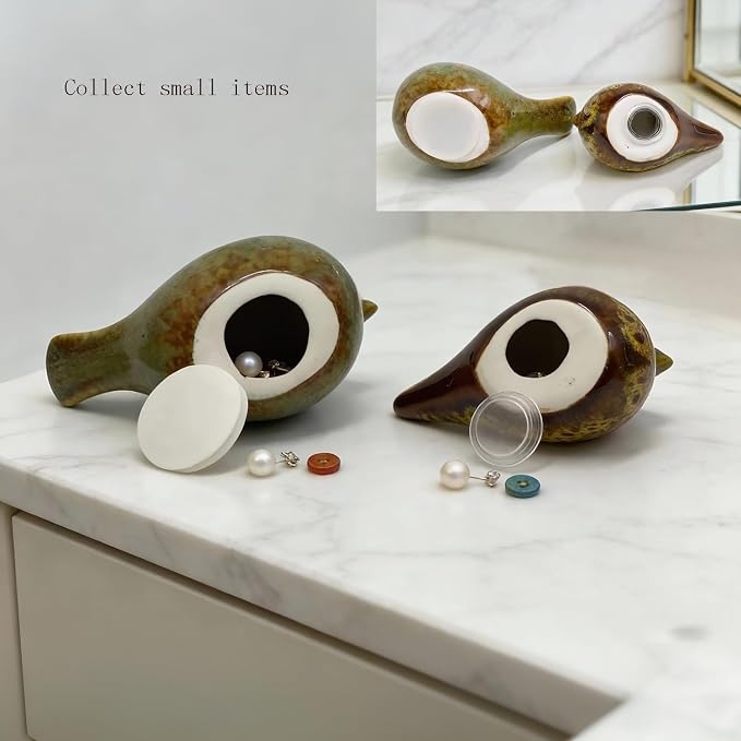 Two-piece set of parent-child bird statues, modern home decor, with removable storage holes, suitable for bedrooms, living rooms, offices, and fireplace mantel decorations. (Kiln color change)