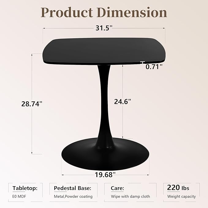 Black Square Dining Table,31.5" Tulip Table with Metal Pedestal,15-Minute Quick Assembly,Mid Century Modern Leisure Table for Kitchen Small Places Cafe (Black)