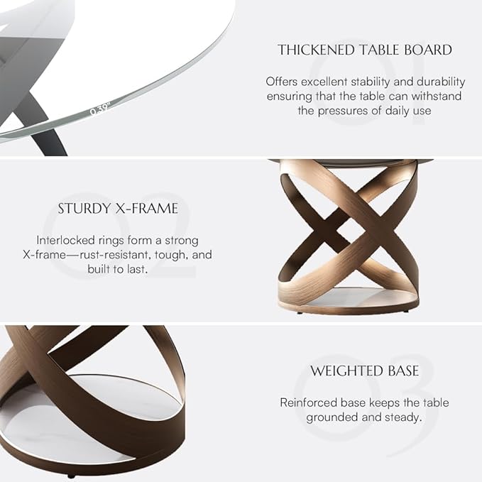 POVISON 59" Modern Round Dining Table, Glass Round Kitchen Table for 6, Glass Dining Room Table Top with Bronze X Carbon Steel Base for Dining Room (Dining Table Only)