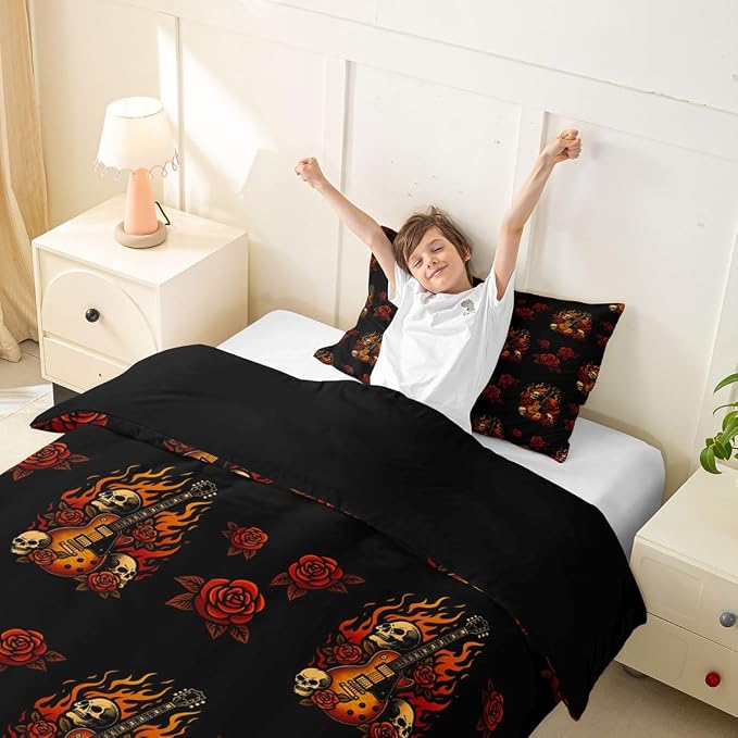 Erosebridal Guitar Rose Bedding Set Twin for Adults Women - Cool Skeleton Flame Duvet Cover Punk Rock Music Comforter Cover,Floral Gothic Skull Print Bed Set