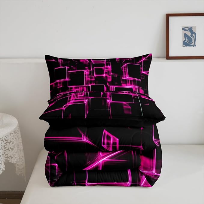 Erosebridal Girly Pink and Black Kids Comforter Set, Modern Abstract Geometric Square Bedding Sets for Boys Girls Gradient Neon Light Honeycomb Duvet Insert Twin with 1 Pillowcase