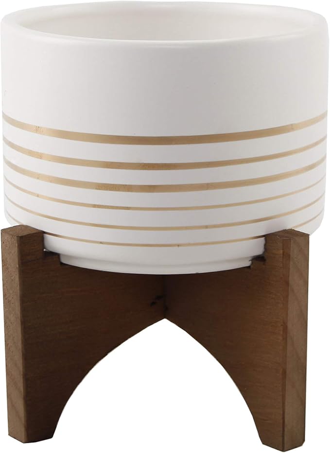 Flora Bunda Mid Century Ceramic Planter on Wood Stand 4.75 inch White with Gold Line for Succulent Desktop Indoor Use 5.5 x 5.5 x 5.75