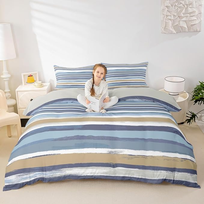 Erosebridal Brown Navy Beige Bedding Sets Queen White Teal Grey Comforter Cover, Aesthetic Striped Bed Set Wave Line Duvet Cover, Grunge Minimalism Quilt Cover Lightweight (Zipper Closure)