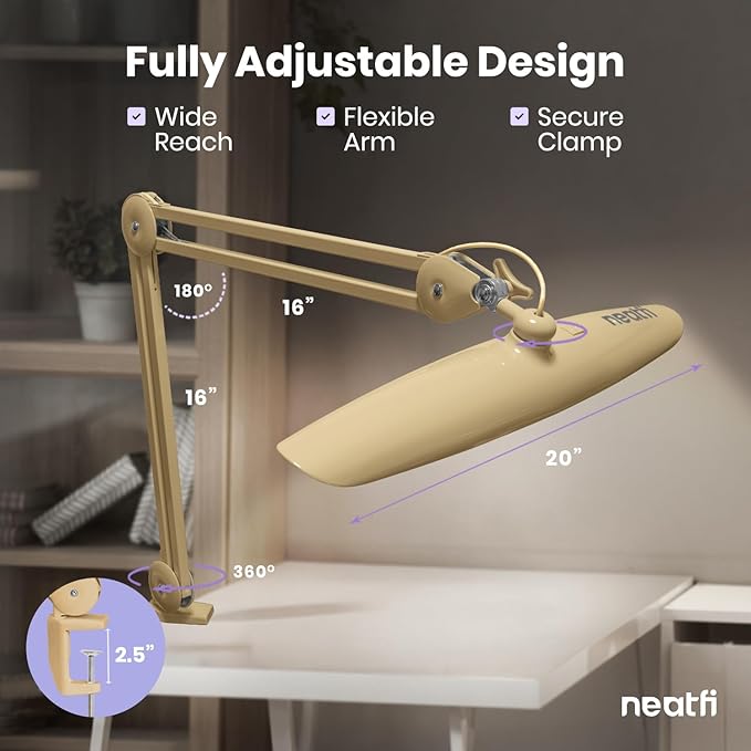Neatfi XL Nail Desk Lamp with Clamp, 2200 Lumens, 20-Inch Wide Head, Dimmable 4 Levels, 6500K, LED Task Light for Manicure Table, Crafts, Workbench, Office (Non-CCT, Gold)