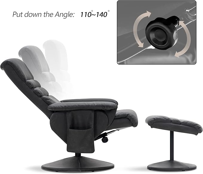 MCombo Recliner with Ottoman, Reclining Chair with Massage, 360 Swivel Living Room Chair Faux Leather, 7902 (Dark Grey)