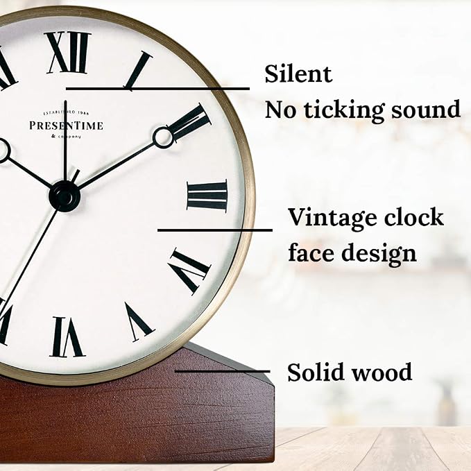 Presentime & Co Mozart Mantel Alarm Clock, Desk and Shelf Clock, Tabletop Decoration, 6 x 5.5 inch, Silent no Ticking, Wooden Base, Walnut Finish, Golden Color, Roman Numeral