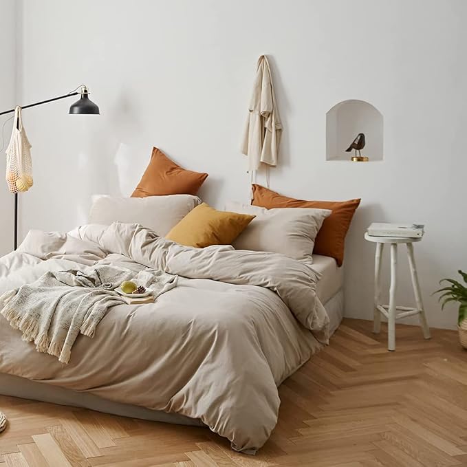 Omelas Beige Duvet Cover King Size Khaki Birch Apricot Modern Minimalist Style Solid Color Bedding Sets 3 Pieces Reversible Soft Microfiber Comforter with Zipper Closure (WJL-OMUS-SJT-BE-King)