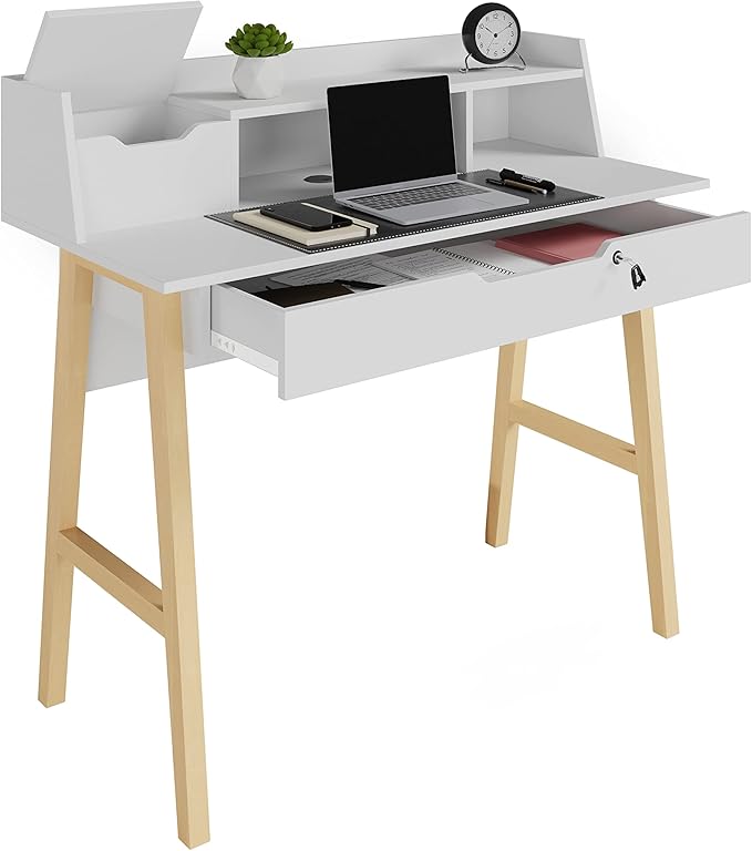 Modern Design Roma Small Desk for Bedroom, 40 inch White Writing Desk with Hutch and Locking Drawer, by Crafts and Comfort
