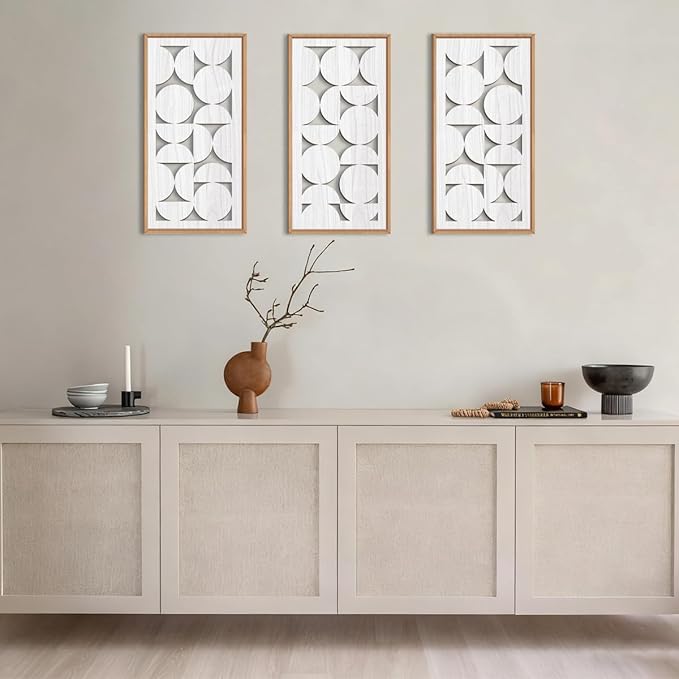 IARTTOP White Abstract Wood Wall Art Framed 8x16 Inch Set of 3 Modern Minimalist Wooden Wall Decor Mid-century Modern Geometry Artwork for Living room Bedroom Office