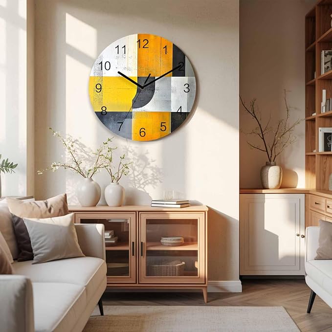 Abstract Style Wall Clock Battery Operated Non-Ticking 10" Round Wood Clocks, Gary Yellow Color Block Oil Painting Kitchen Wall Clock for School Bathroom Living Room Home Office Wall Decor