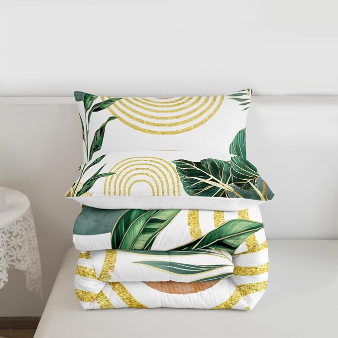 Erosebridal Modern Boho Green Comforter Minimalist Mid Century Toddler Bedding Set Simple Aesthetic Art Bedding for Kids Adults Minimalism Plant Duvet Insert 2Pcs Room Decor