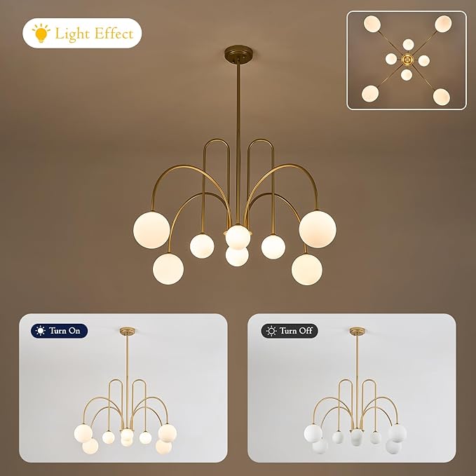 Modern Gold Sputnik Chandelier 8 Lights Large Luxury L41” Mid Century Milk Glass Globe Ceiling Pendant Light Contemporary for Foyer Staircase Living Dining Room Kitchen