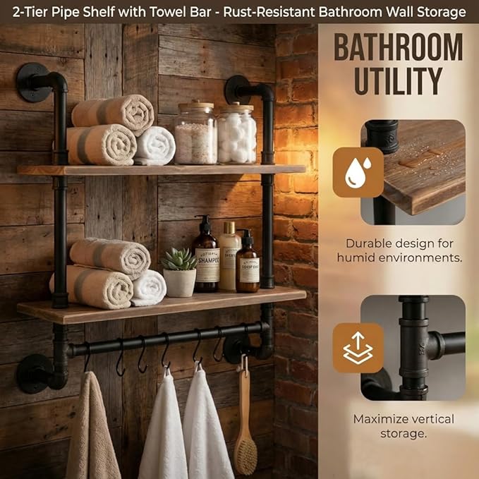 ROGMARS 2 Tier 24" Extra Deep Industrial Pipe Floating Wall Shelves | Rustic Pine Wood Pipe Bathroom Shelves with Towel Bar | Industrial Pipe Shelving for Small Space Storage