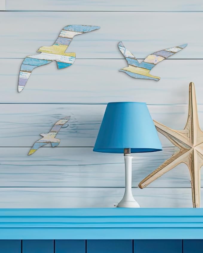 Putuo Decor 3Pcs Seagull Wall Decor, Wooden Beach Nautical Coastal Theme Wall Art Self-Adhesive Seagull Wall Sculpture, Sea Birds Lake House Ocean Decor Vintage Ornaments for Home Bathroom