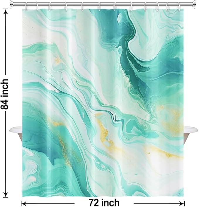Turquoise Shower Curtain, Modern Teal and Gold Marble Shower Curtain for Bathroom Aesthetic Waterproof Shower Curtain Set with Hooks, 72x84 Inch