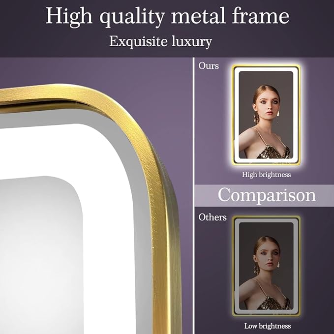 20 x 30 Inch Gold Vanity Mirror with Lights Gold Frame Lighted mirror for Bathroom Horizontal/Vertical Wall Mounted Tabletop LED Makeup Mirror with Light Smart Memory 3 Color Dimmable AntiFog