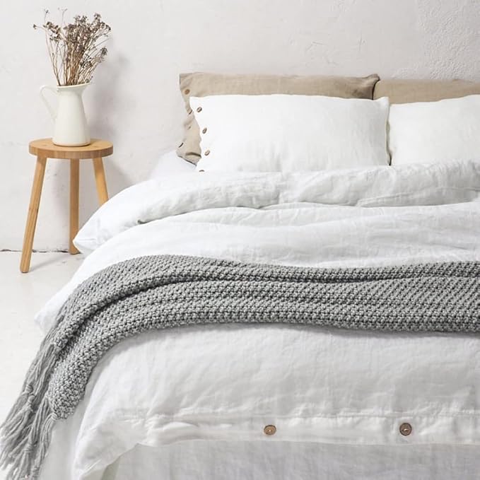Simple&Opulence 100% Linen Duvet Cover Set 3pcs with Coconut Button Closure Natural French Washed Flax Solid Color Soft Breathable Farmhouse Bedding - White, California King