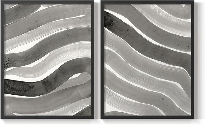 Renditions Gallery Set of 2 Peel & Stick Framed Prints, Watercolor Abstract Wall Art, Black and White Bold Brushstrokes Wall Decor, Re-Stickable - Ready to Hang - 22"x28" - Black Frame LT588