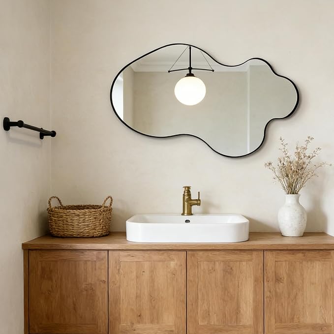 Irregular Mirror, 30"x18" Asymmetrical Mirrors, Black Metal Frame Wall Mirrors Decorative, Modern Odd Shaped Mirror for Living Room Bathroom Bedroom Hallway Entryway Fireplace