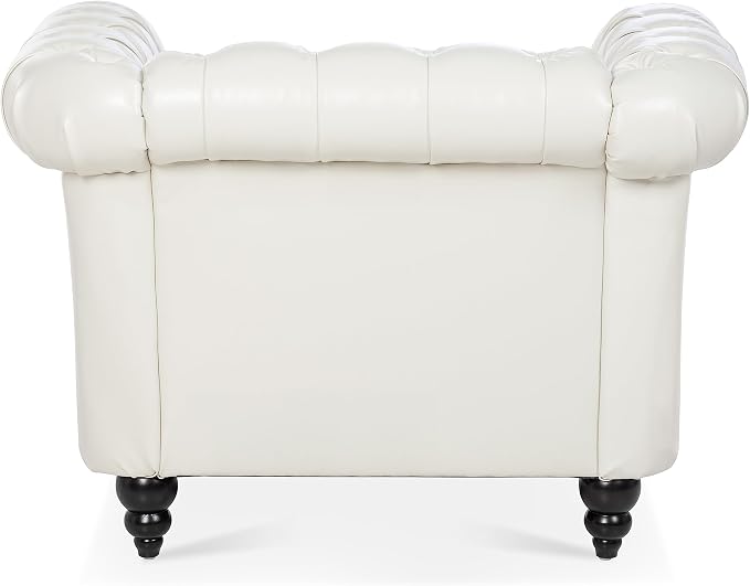 LEVNARY Leather Upholstered Armchair, Mid-Century Modern Single Sofa Chair with Rolled Arms and Nailhead, Tufted Pu Leather Chesterfield Chair for Home Bedroom Reading Room (Cream White)