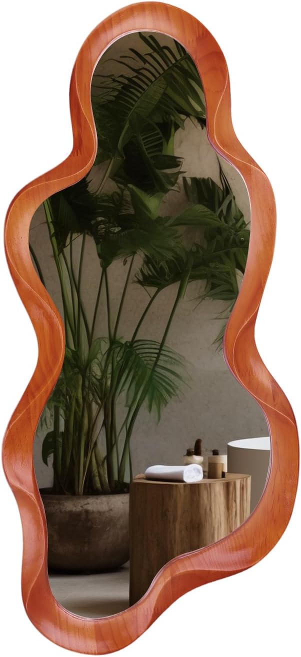 48"x 22" Irregular Wall Mirror, Walnut Wood Framed Wall Mirror, Asymmetrical Wall Wavy Mirror for Living Room Bedroom Entryway Bathroom Modern Decorative Mirror with Hanging Hooks