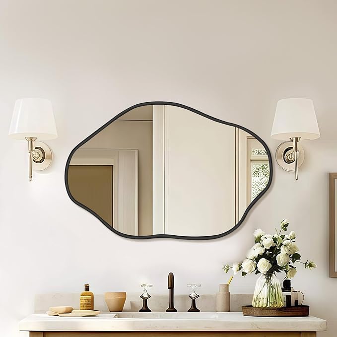 ULIKE Irregular Wall Mirror, 24x36 Inch Black Asymmetrical Mirror with Solid Wood Frame, Abstract Organic Shape Vanity Mirrors for Bathroom Bedroom Living Room Entryway