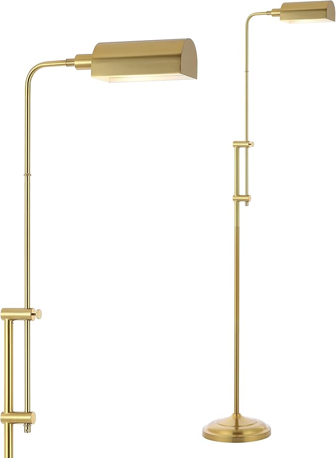 JONATHAN Y 63"-63" Brass Gold Industrial Iron Pharmacy LED Floor Lamp, Height-Adjustable Minimalist Standing Task Lamp for Living Room, Office, UL Listed, LED Bulb Included JYL3095A