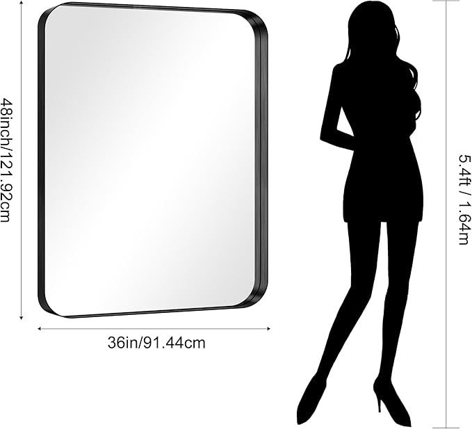 CIRCUMI Black Bathroom Mirror, 36"x48" Rectangular Mirror with Deep Metal Frame, Rounded Corner, Tempered Glass, Large Mirror for Wall, Over 2 Sinks, Installed Vertically/Horizontally, Crystal-Clear
