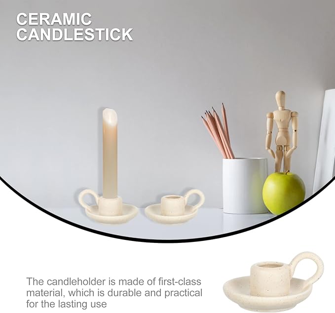 DOITOOL 2Pcs Ceramic Candle Holder Candlestick Holder with Handle, Taper Candle Stand Candlelight Stand Holder Decorative Candle Display Holder for Desktop Dining Room Home Decoration Display (Beige)