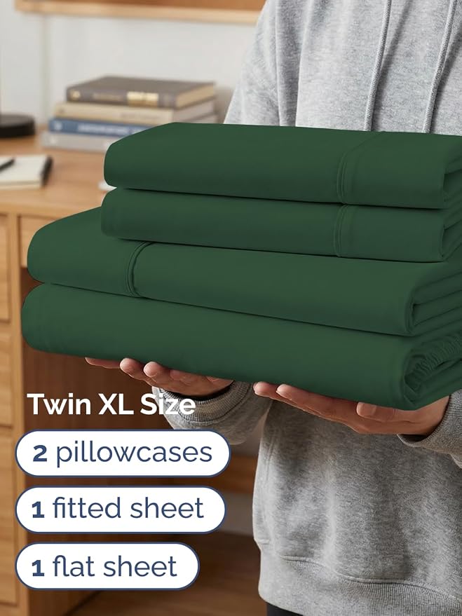 Extra Deep Twin XL Sheet Set - 4 Piece College Dorm Bed Sheets Set with Extra Deep Pockets - Ultra-Soft, Comfy & Breathable Bedding for Women, Men, Kids & Teens - Wrinkle & Fade Free - Emerald Green