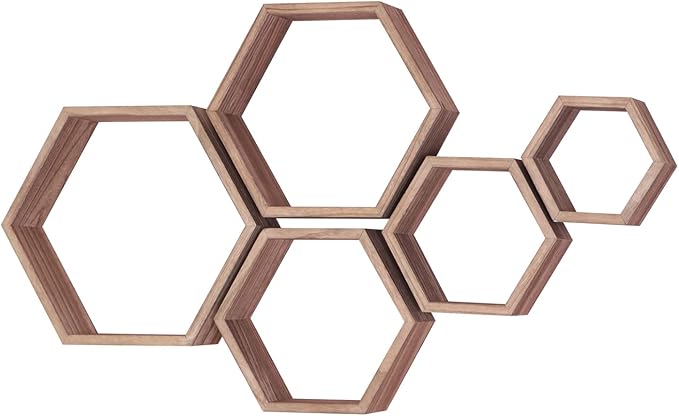 Hexagon Shelves for Wall,Hexagon Floating Shelf Set of 5,Honeycomb Shelves Octagon Hanging Cube Rustic Wood Wall Mounted for Living Room Bedroom Kitchen Bathroom Office Home Decor（Carbonized Brown）