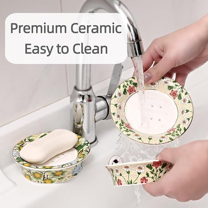 Floral Decorative Self Draining Soap Dish, Double-Layer Round Soap Tray, Vintage Ceramic Soap Dish (Style D)