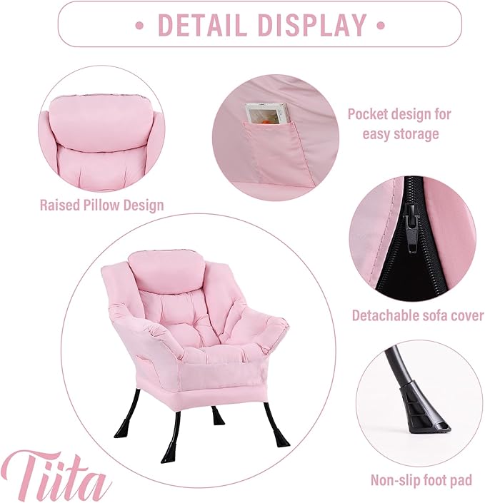 Tiita Lazy Chair with Ottoman, Pink Modern Large Accent Chair, Comfy Leisure Sofa Armchair with Ottoman, Reading Chair with Footrest for Bedroom, Living Room, Dorm Rooms, Pink