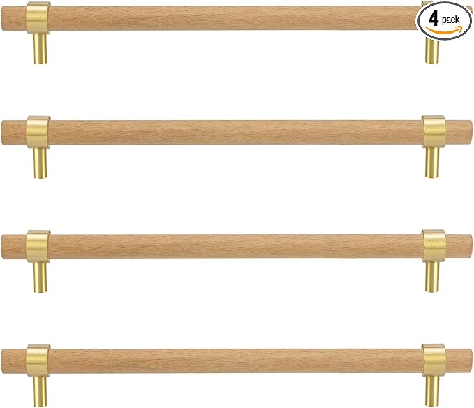 Natural Wood and Brass Kitchen Cabinet Handles 7~9.5 Inch 4Set Center to Center Adjustable Double Hole Modern Dresser Pulls, Unfinished DIY Drawer Knobs