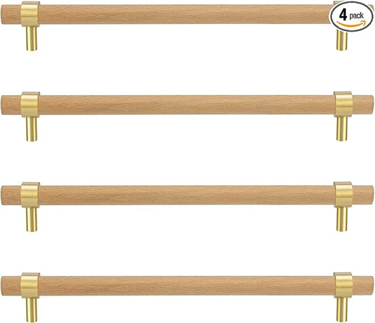 Natural Wood and Brass Kitchen Cabinet Handles 7~9.5 Inch 4Set Center to Center Adjustable Double Hole Modern Dresser Pulls, Unfinished DIY Drawer Knobs