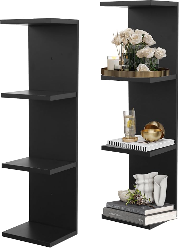 4 Tier Wall Shelf Unit,Vertical Column Floating Storage Home Decor Organizer,Black Lack Wall Shelf for Bedroom,Living Room,Office Decor(2 Pack)
