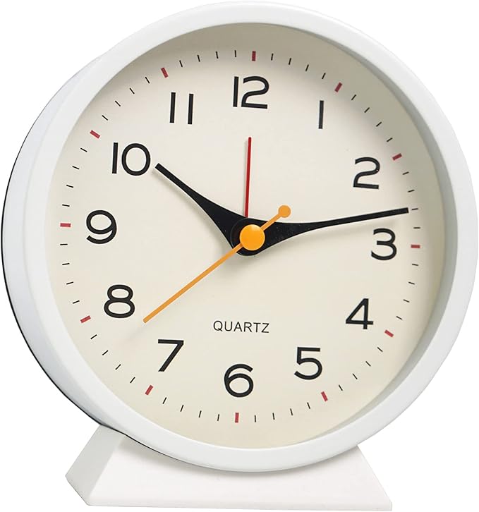 SHISEDECO 4.5" Battery Operated Antique Retro Analog Alarm Clock, Small Silent Bedside Deskclock with Light Function, Non-Ticking Tableclock Decor for Living Room, Bedroom, Bedside, Shelf (White)
