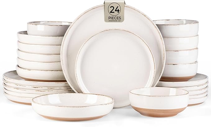 AmorArc Ceramic Dinnerware Sets with Pasta Bowls for 4, Handpainted Plates and Bowls Set with Rustic Terracotta Underside, Scratch Resistant Dishes Set, Dishwasher & Microwave Safe, 16 Pcs