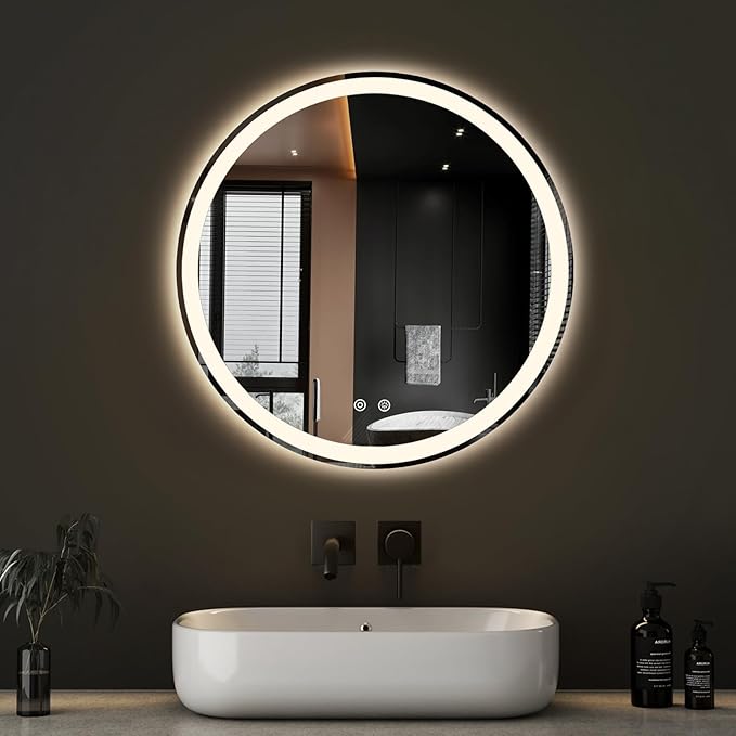 NEWBULIG 24 Inch Round LED Bathroom Wall Mirrors with Lights, Light up Vanity Bathroom Mirror for Over Sink, Anti-Fog and Dimmable, Front Light and Backlit, Memory Function, Shatter-Proof, White