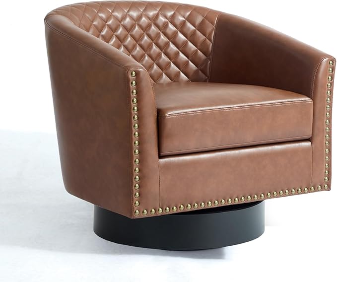 UIXE Faux Leather Swivel Barrel Accent Chairs Set of 2, Upholstered Armchair Club Chair for Living Room, Round Comfy Single Sofa Bedroom Side Reading Seat - Brown