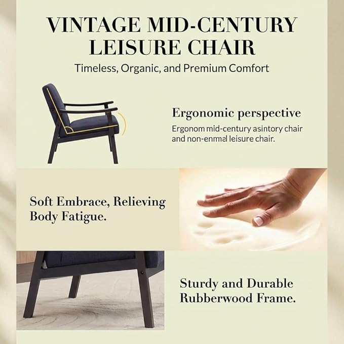 Mid-Century Modern Accent Chair, Upholstered Arm Chair Solid Wood Frame for Lounge, Living Room, Reading Room, Bedroom (Antique Black)
