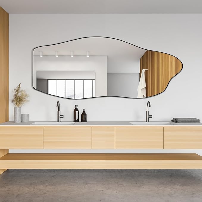 POZINO Irregular Mirror, 47"x20" Large Asymmetrical Mirrors, Funky Frameless Mirror Decor, Odd Shaped Mirrors for Bathroom Living Room Bedroom Entryway