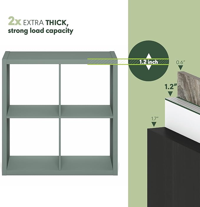 Furinno Cubicle Book Shelf, 4-Cube Bookshelf, Extra Thick Frame Reversible Bookcase with Open Back, 14.6" x 30" x 30", for Living Room, Bedroom, Home Office, Sage Green