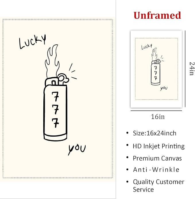 Lucky You Picture Funky Black and White Artwork Lighter Wall Art Retro Trendy Aesthetic Print Black and White Vintage Paintings Black Minimalist Poster Vintage Preppy Prints for Bedroom 16x24in